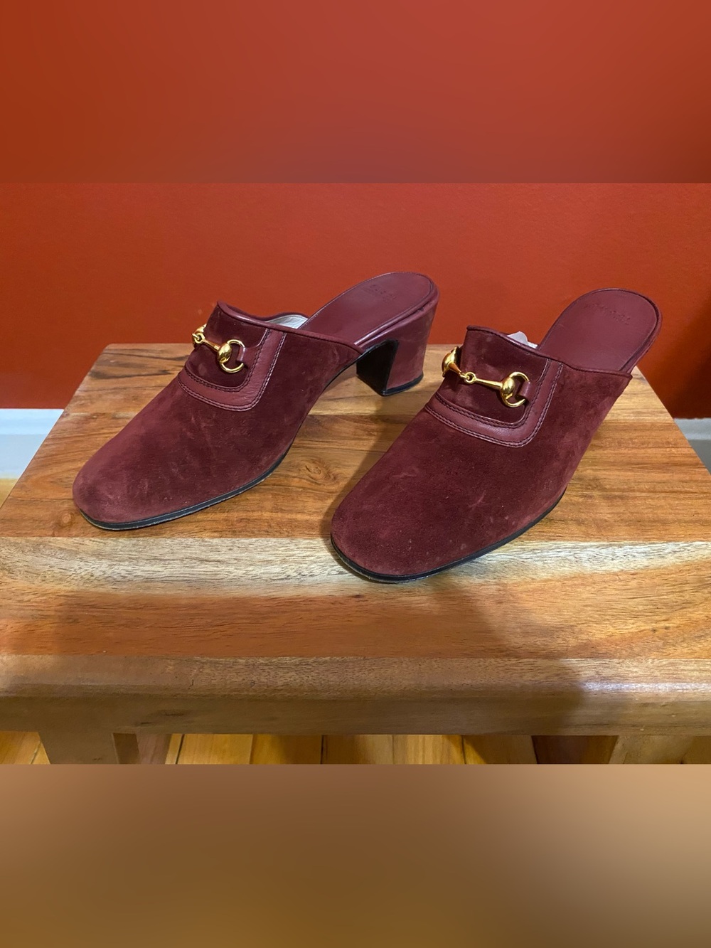 Gucci Burgundy Suede Mule Heels with Gold Horsebit